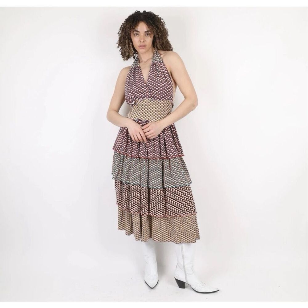 Maria De La Orden Womens Multicolor Sevilla Tier Smocked Halter Midi Dress Small